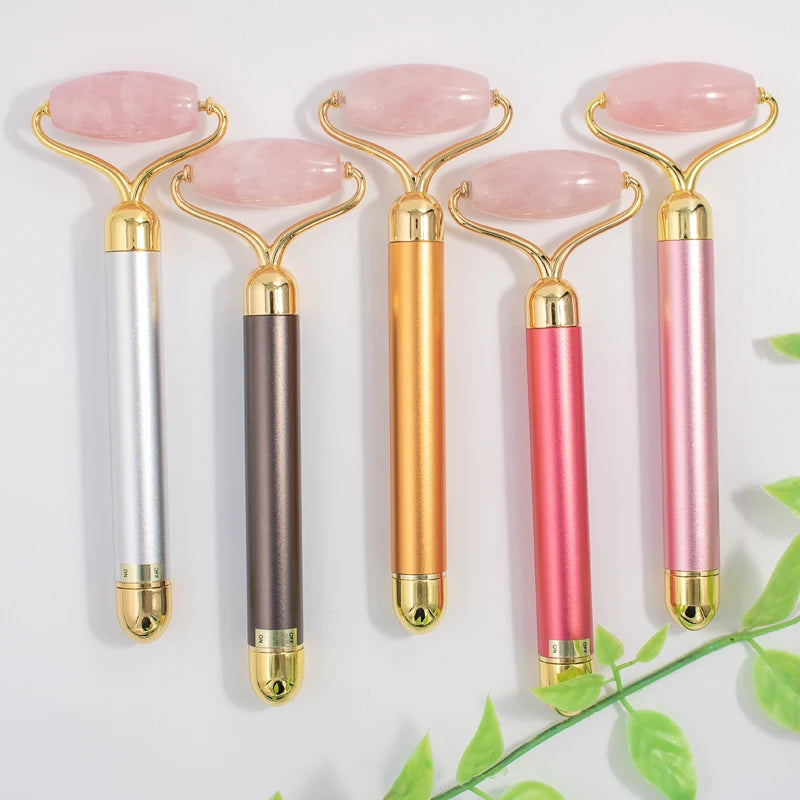 Electric Vibrating Natural Rose Quartz Jade Roller Face Lifting Real Jade Stone Facials Massager Roller Energy Beauty Bar