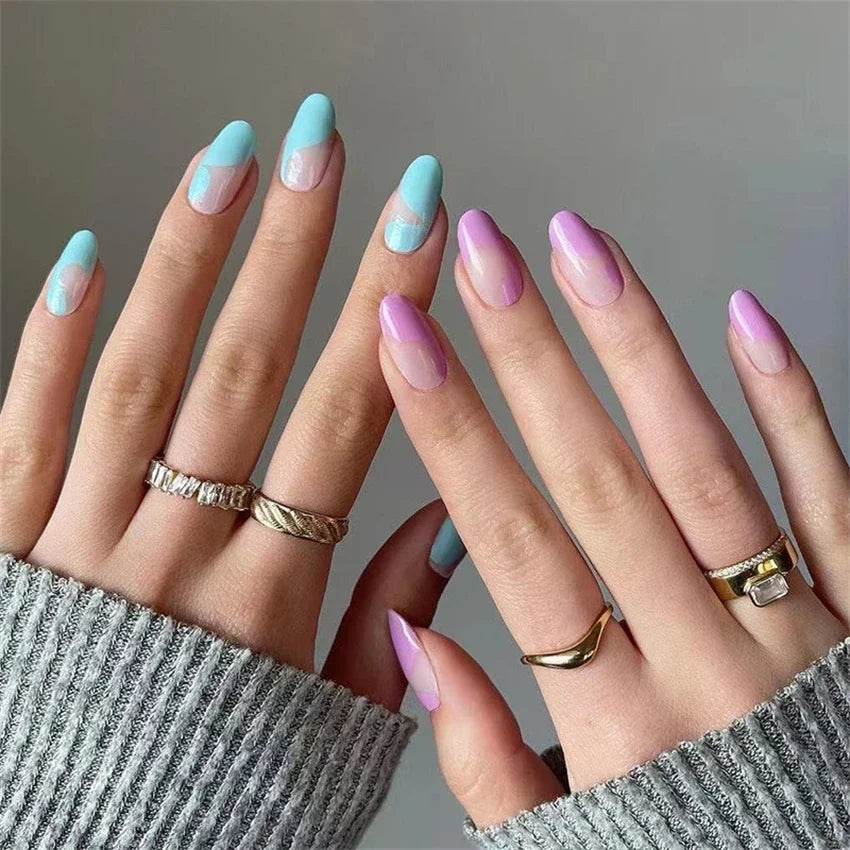 24Ps/Set Blue Purple Oval Wearing Fake Nails Patch Medium Long Almond Press on Nails Art French Manicure Finished Removable Nail