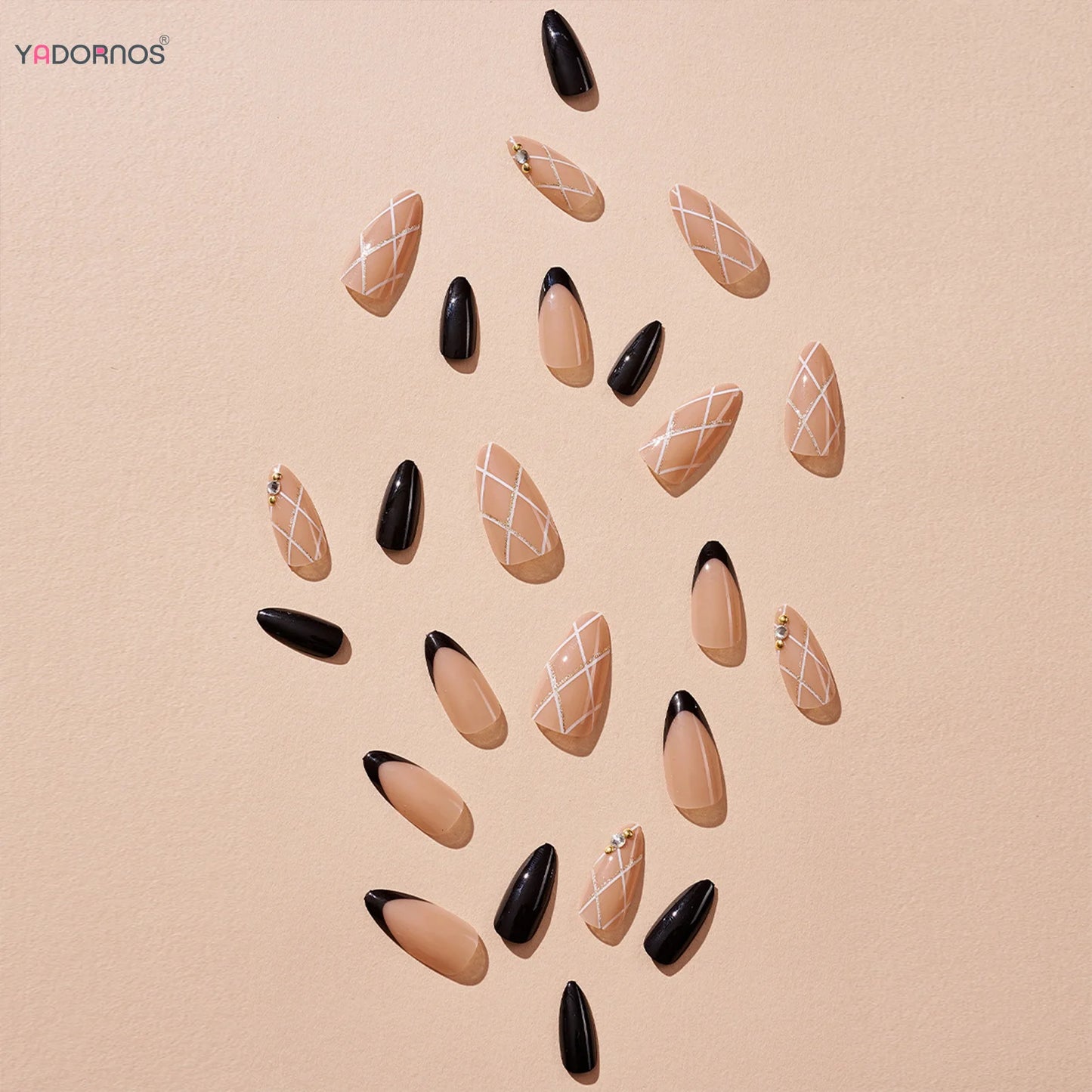 24Pcs Almond Fake Nails Glitter Diamond Designs Black Press on Nails French False Nails Patch for Women DIY Nail Art Accessories