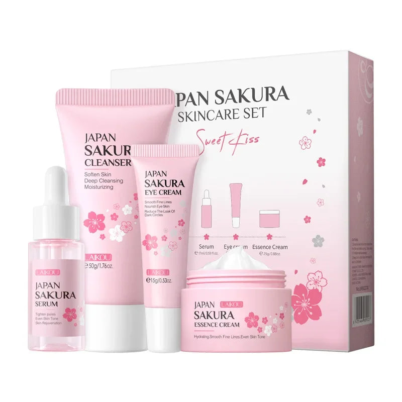 LAIKOU Sakura Face Serum Nourishing Oil Control Skincare Rejuvenation 4pcs Kit Skincare Facial Cleanser Cream Eye Cream Essence
