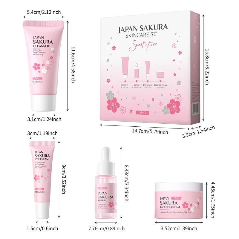 LAIKOU Sakura Face Serum Nourishing Oil Control Skincare Rejuvenation 4pcs Kit Skincare Facial Cleanser Cream Eye Cream Essence