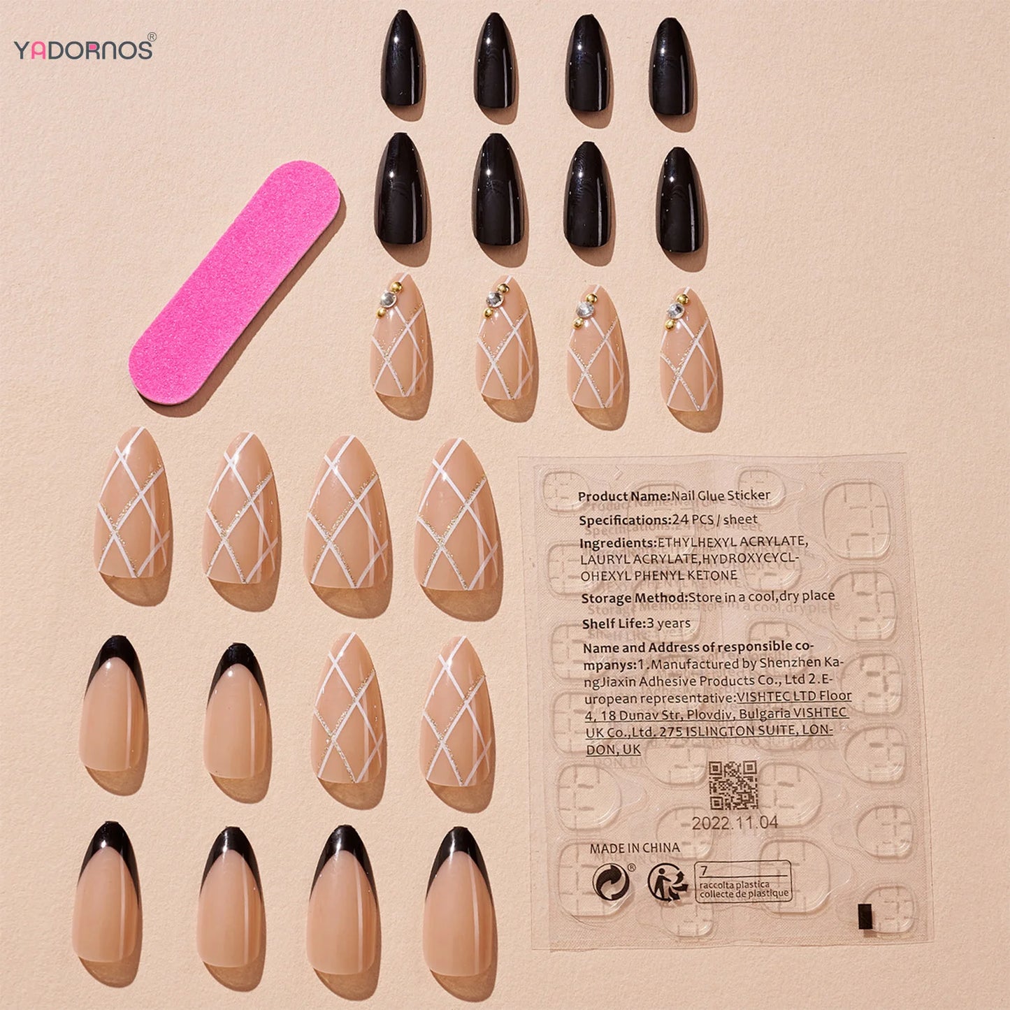 24Pcs Almond Fake Nails Glitter Diamond Designs Black Press on Nails French False Nails Patch for Women DIY Nail Art Accessories