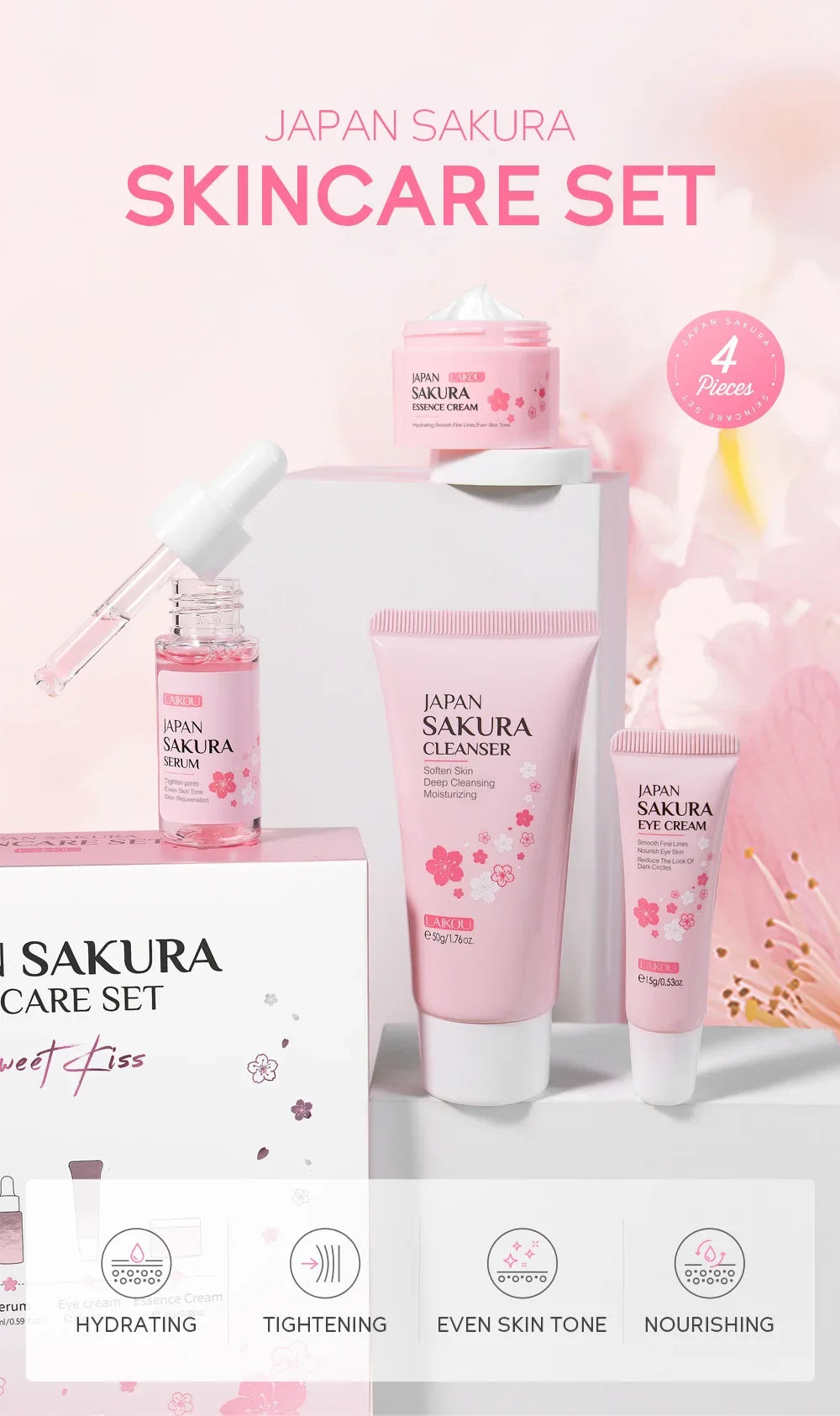 LAIKOU Sakura Face Serum Nourishing Oil Control Skincare Rejuvenation 4pcs Kit Skincare Facial Cleanser Cream Eye Cream Essence