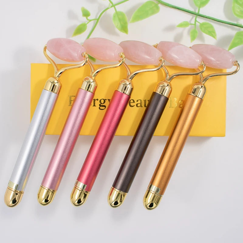 Electric Vibrating Natural Rose Quartz Jade Roller Face Lifting Real Jade Stone Facials Massager Roller Energy Beauty Bar