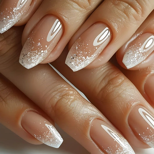24Pcs Glitter Pink Gradient False Nails Wearable French Fake Nail with Rhinestone Designs Short Ballet Press on Nails Manicure
