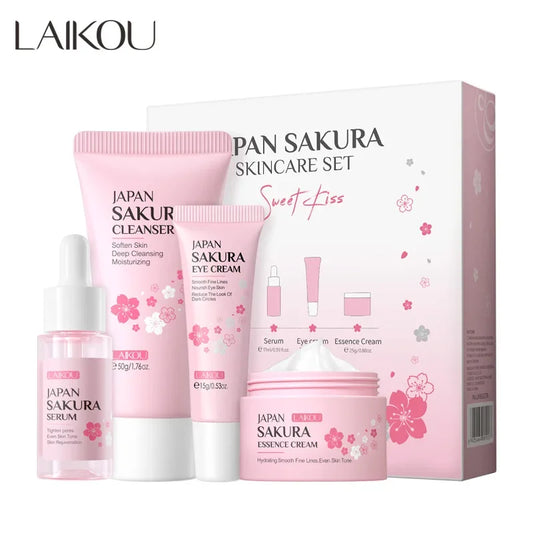 LAIKOU Sakura Face Serum Nourishing Oil Control Skincare Rejuvenation 4pcs  Kit Skincare Facial Cleanser Cream Eye Cream Essence