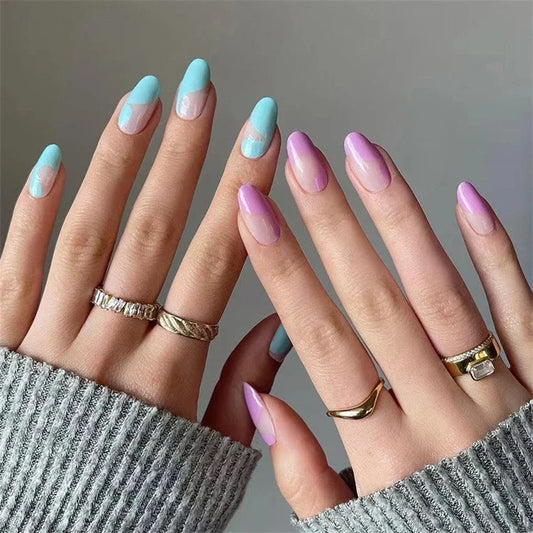 24Ps/Set Blue Purple Oval Wearing Fake Nails Patch Medium Long Almond Press on Nails Art French Manicure Finished Removable Nail