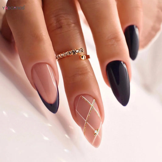 24Pcs Almond Fake Nails Glitter Diamond Designs Black Press on Nails French False Nails Patch for Women DIY Nail Art Accessories