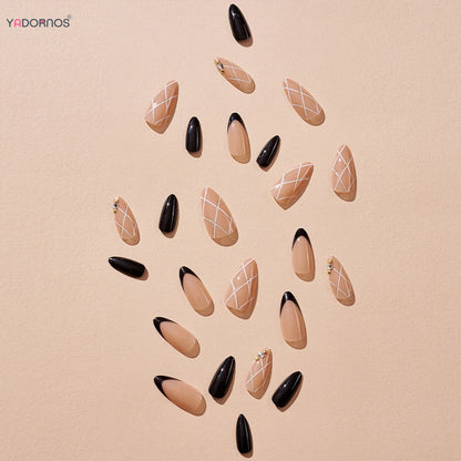 24Pcs Almond Fake Nails Glitter Diamond Designs Black Press on Nails French False Nails Patch for Women DIY Nail Art Accessories