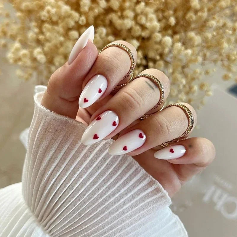 24Pcs Red Heart Nails Fake Wearable Long Almond False Nails Art Acrylic Press on Nails Full Coverage Removable French Fake Nail
