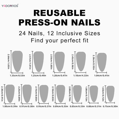 24Pcs Almond Fake Nails Glitter Diamond Designs Black Press on Nails French False Nails Patch for Women DIY Nail Art Accessories